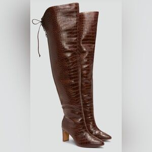 Nadia x FTF Agate thigh-high croc faux leather boot in chocolate brown.
